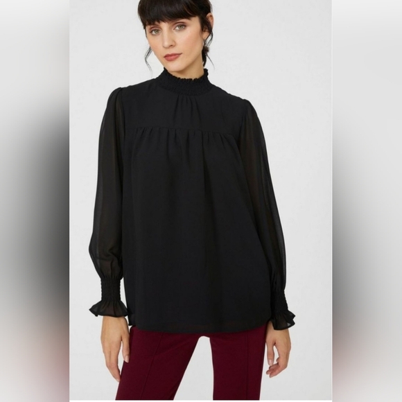 Boohoo Black Sheer Long  Sleeve Smocked Cuff &  Mock Neck Blouse Size 8 - Picture 1 of 9